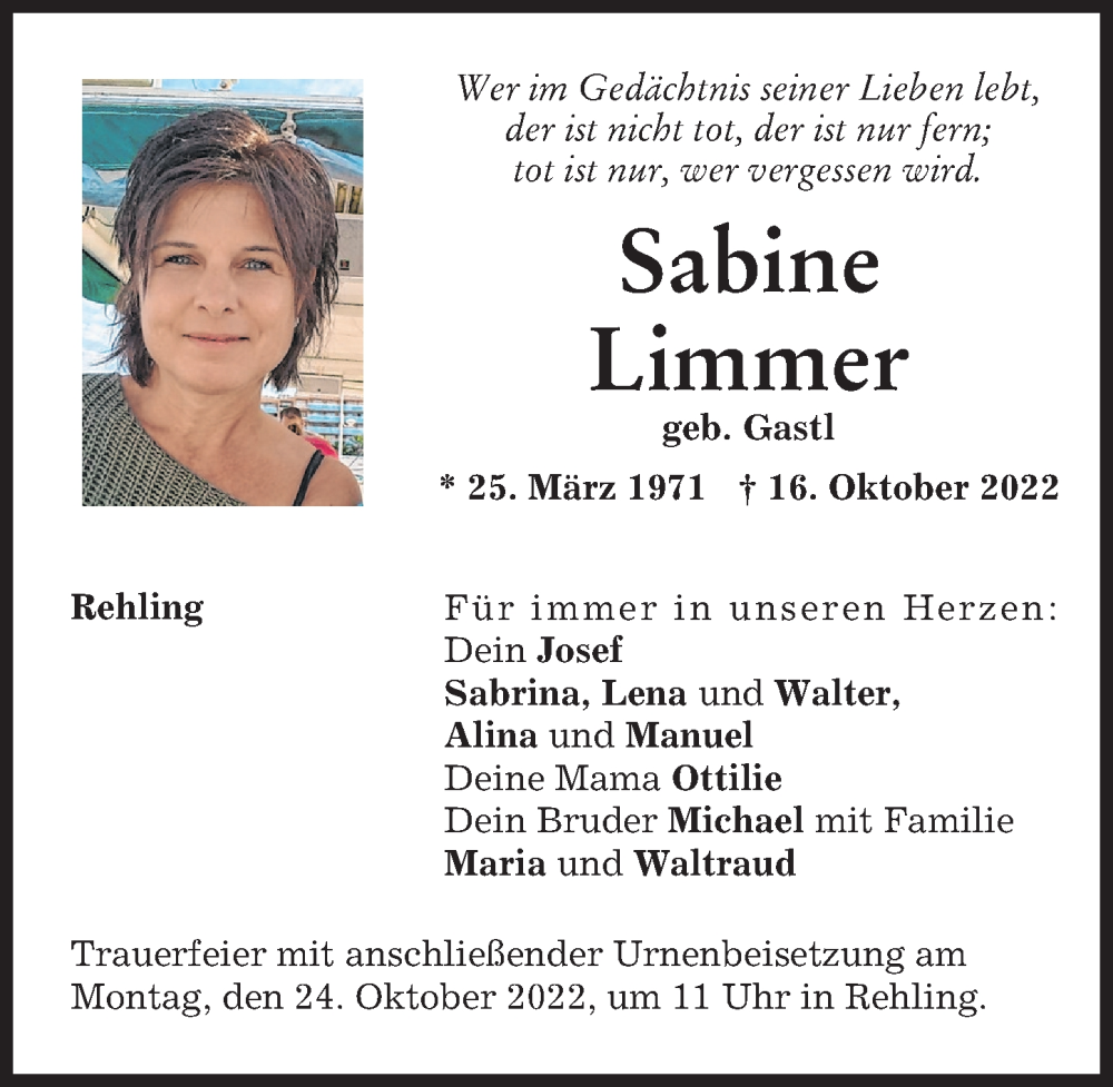 Traueranzeige von Sabine Limmer von Augsburger Allgemeine
