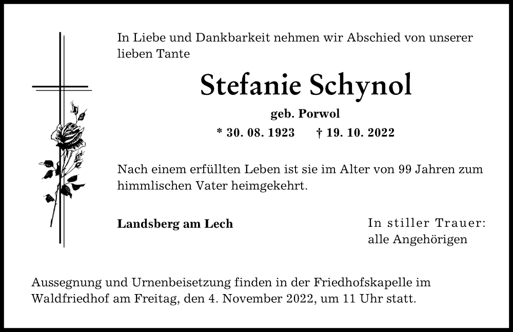 Traueranzeige von Stefanie Schynol von Landsberger Tagblatt