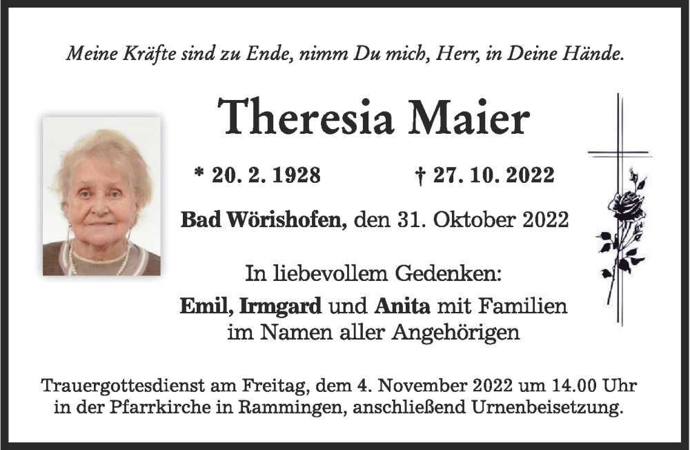 Traueranzeigen Von Theresia Maier Augsburger Allgemeine Zeitung