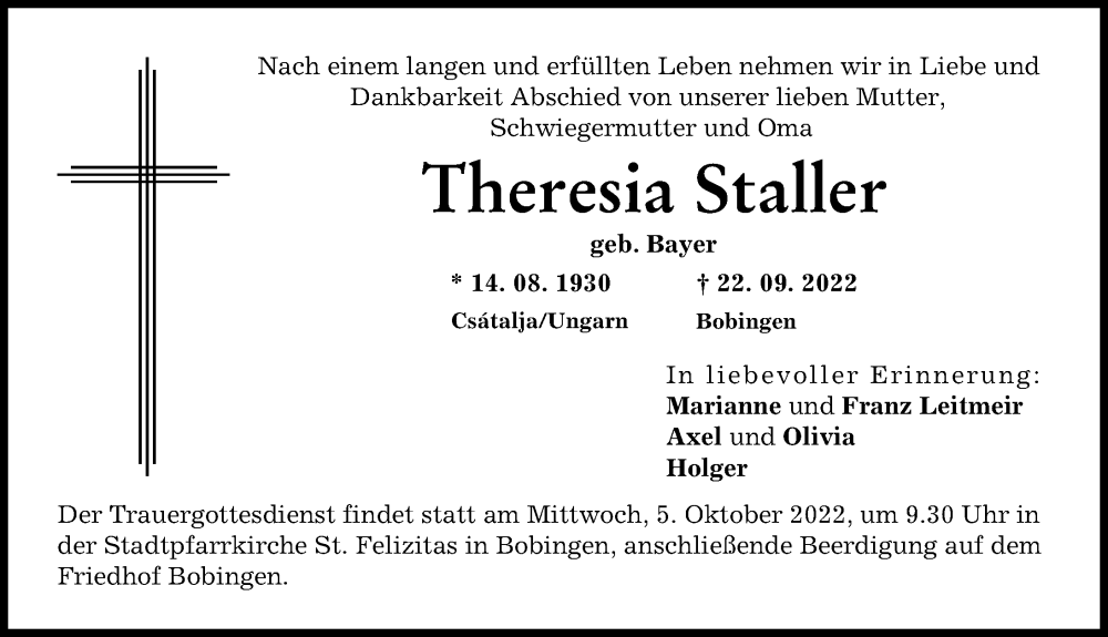 Traueranzeige von Theresia Staller von Schwabmünchner Allgemeine