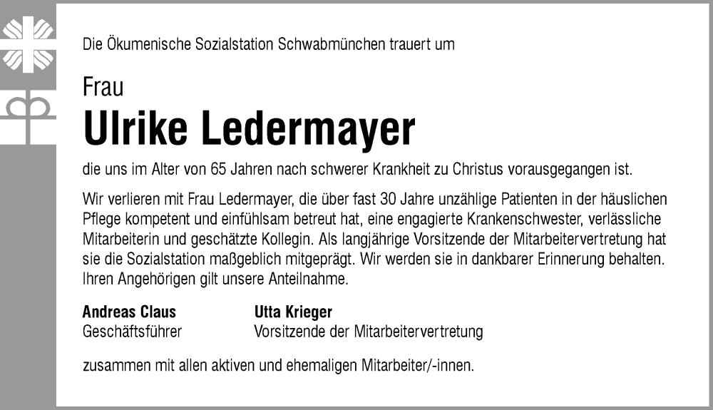 Traueranzeige von Ulrike Ledermayer von Schwabmünchner Allgemeine