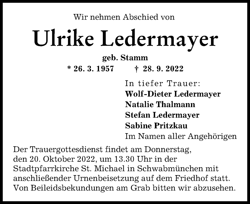 Traueranzeige von Ulrike Ledermayer von Schwabmünchner Allgemeine