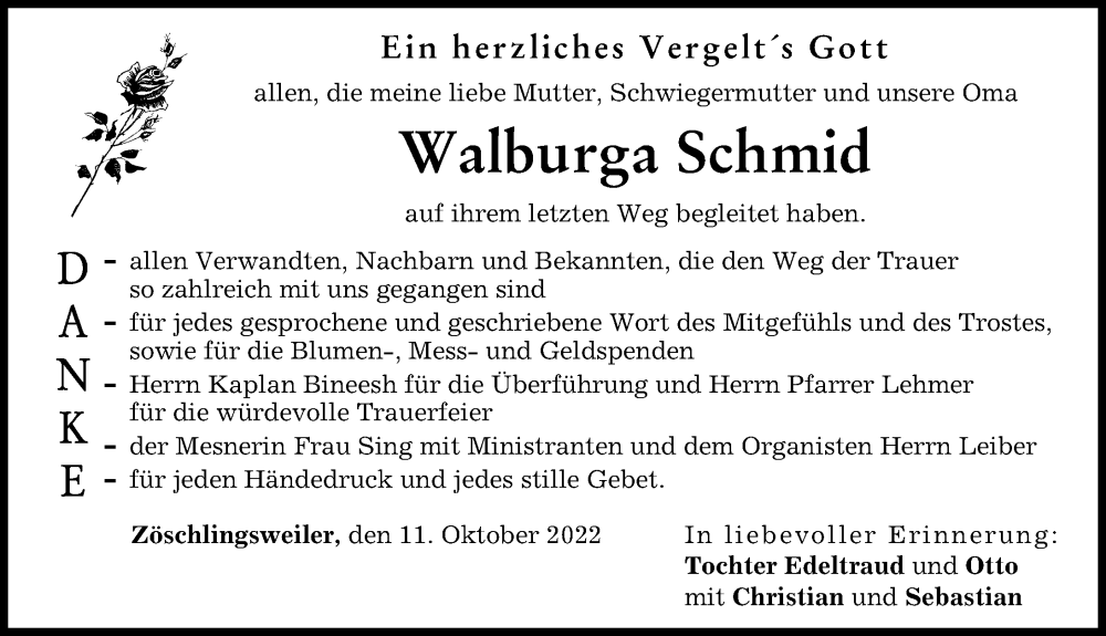  Traueranzeige für Walburga Schmid vom 11.10.2022 aus Donau Zeitung