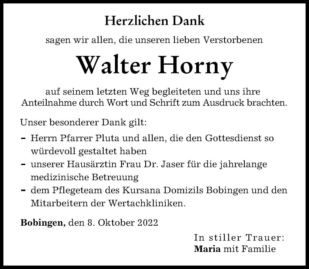  Traueranzeige für Walter Horny vom 08.10.2022 aus Schwabmünchner Allgemeine