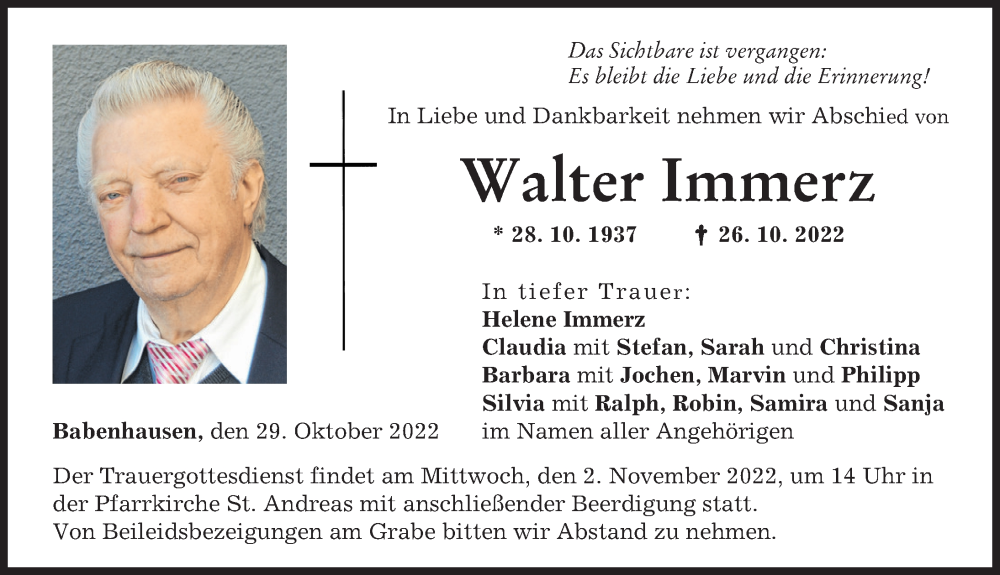  Traueranzeige für Walter Immerz vom 29.10.2022 aus Illertisser Zeitung