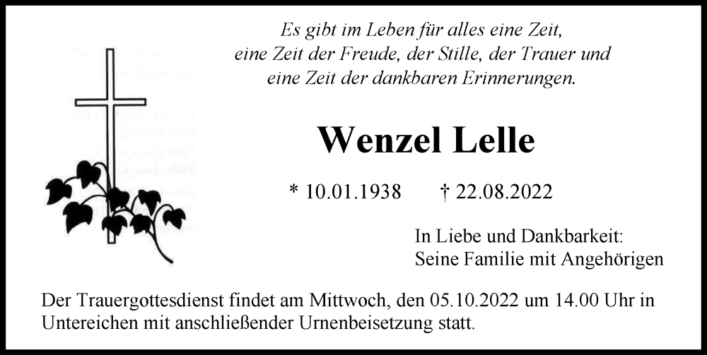 Traueranzeige von Wenzel Lelle von Illertisser Zeitung