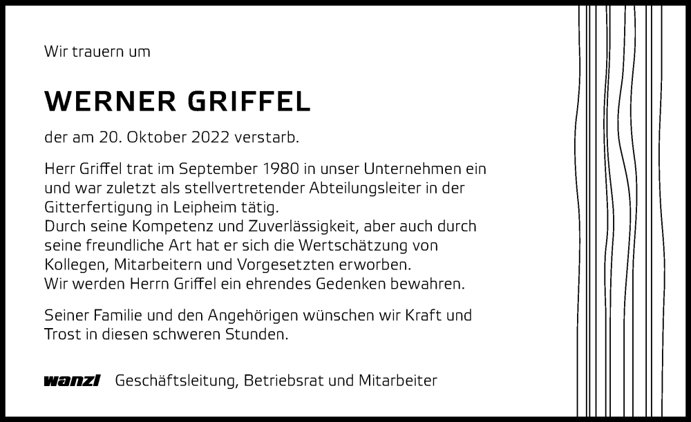 Traueranzeige von Werner Griffel von Günzburger Zeitung