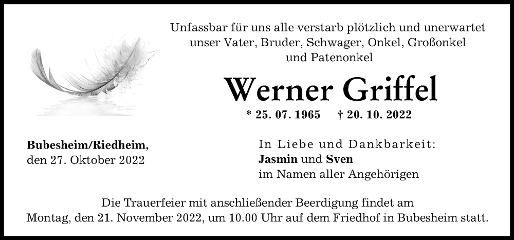 Traueranzeige von Werner Griffel von Günzburger Zeitung