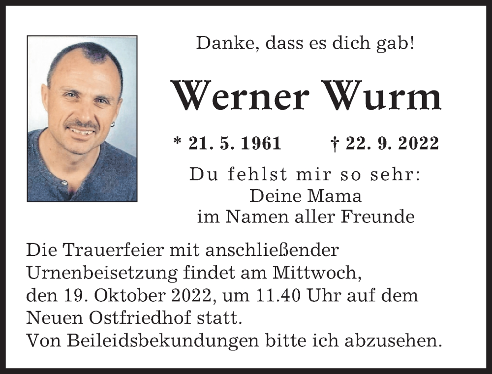 Traueranzeige von Werner Wurm von Augsburger Allgemeine