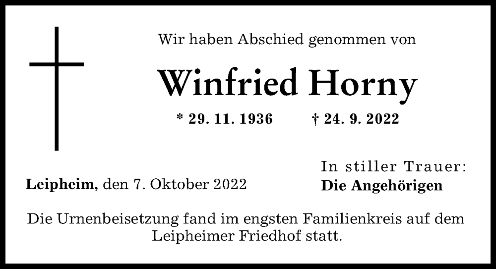 Traueranzeige von Winfried Horny von Günzburger Zeitung