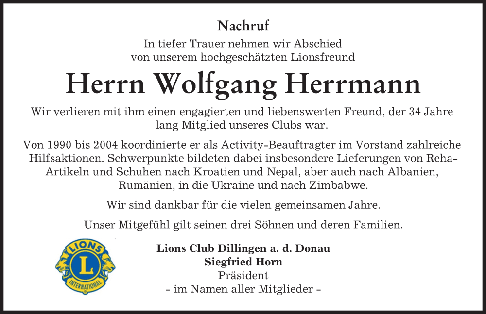 Traueranzeige von Wolfgang Herrmann von Wertinger Zeitung, Donau Zeitung