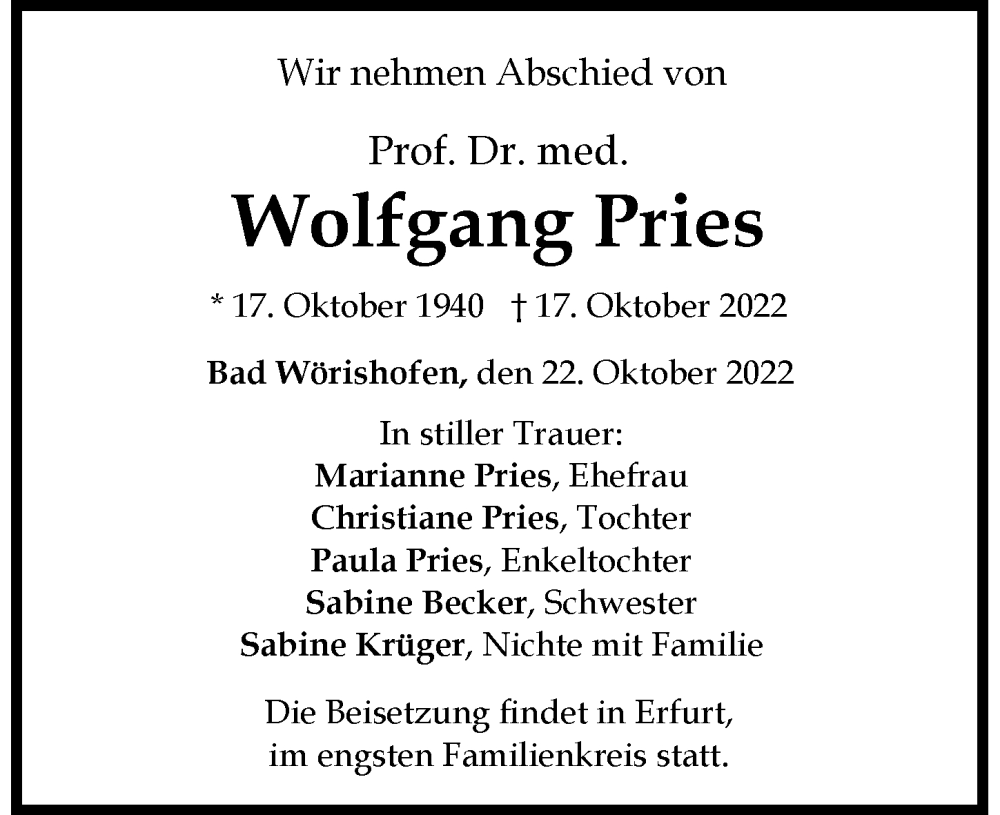 Traueranzeige von Wolfgang Pries von Mindelheimer Zeitung