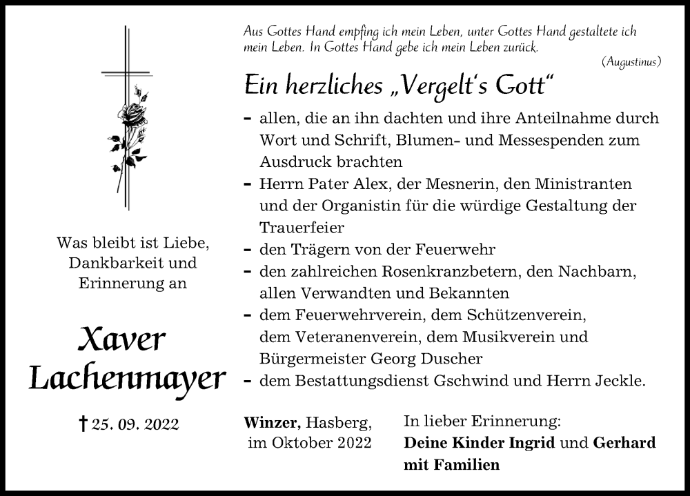  Traueranzeige für Xaver Lachenmayer vom 15.10.2022 aus Mittelschwäbische Nachrichten