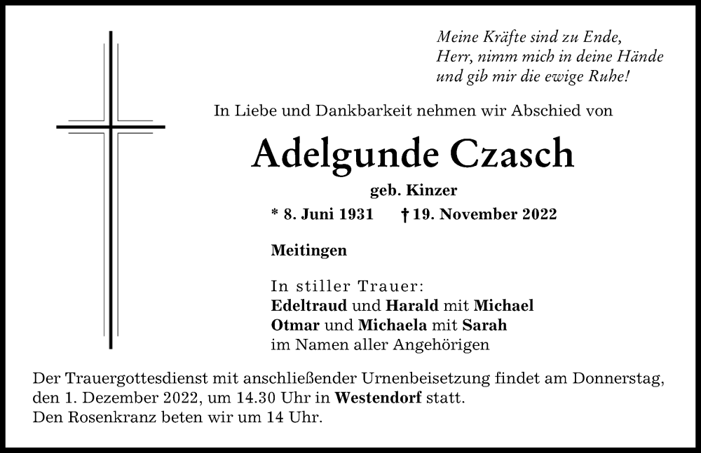Traueranzeige von Adelgunde Czasch von Augsburg-Land