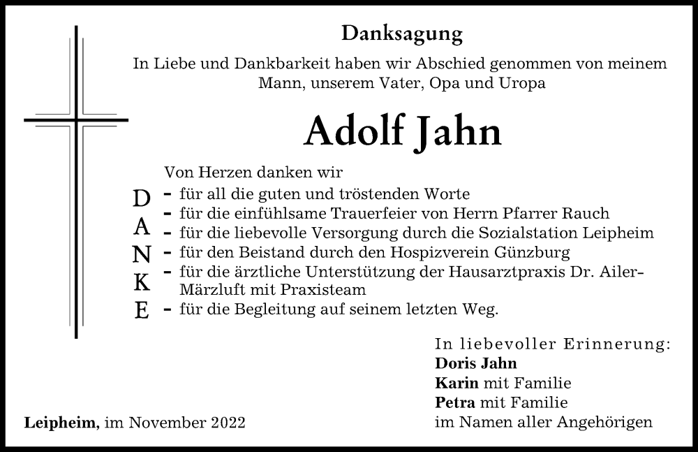 Traueranzeige von Adolf Jahn von Günzburger Zeitung