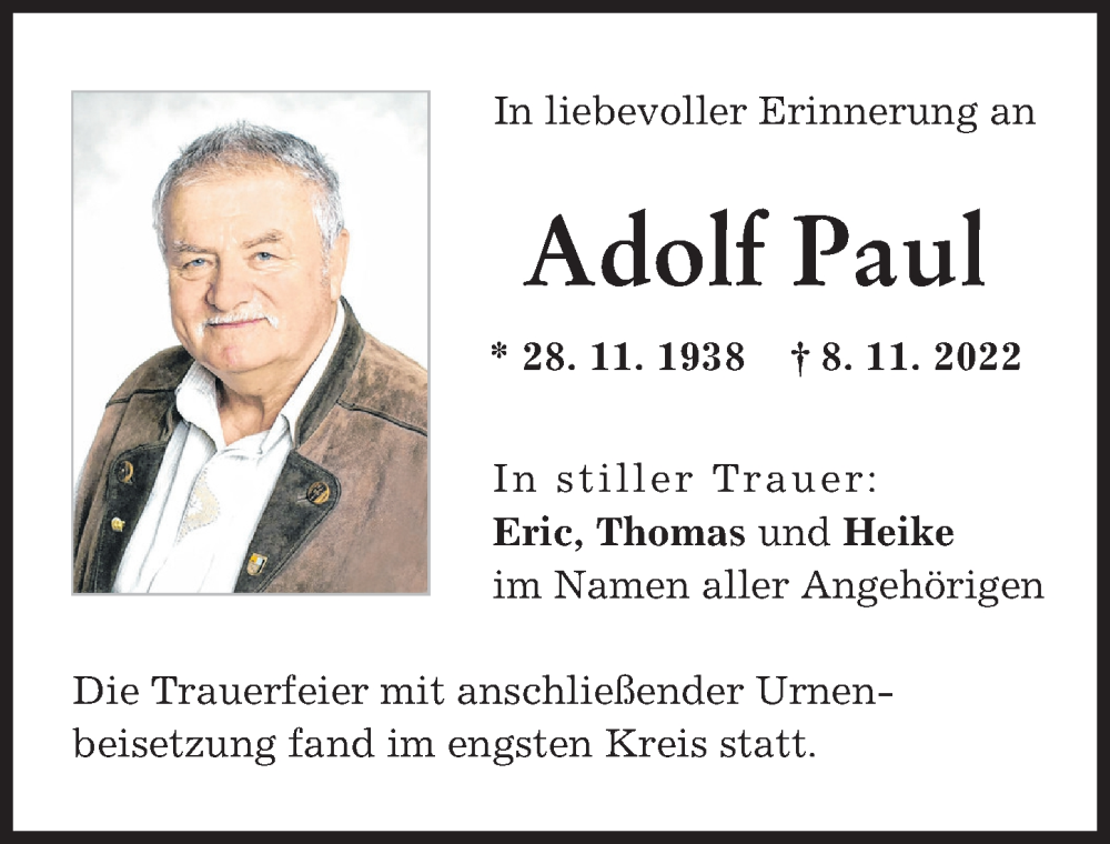  Traueranzeige für Adolf Paul vom 23.11.2022 aus Schwabmünchner Allgemeine