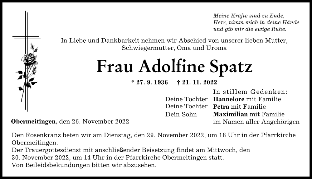  Traueranzeige für Adolfine Spatz vom 26.11.2022 aus Schwabmünchner Allgemeine