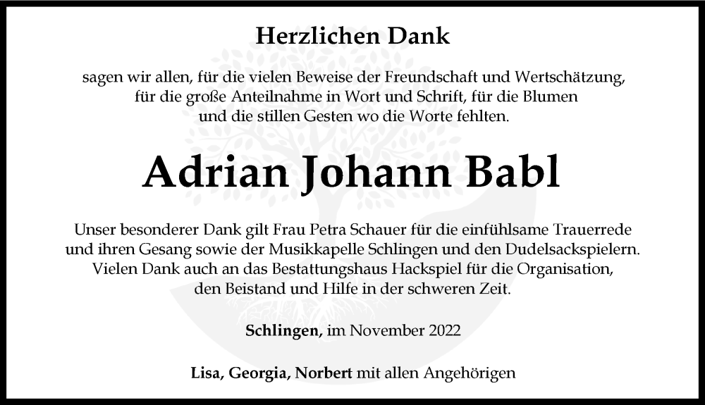 Traueranzeige von Adrian Johann Babl von Mindelheimer Zeitung