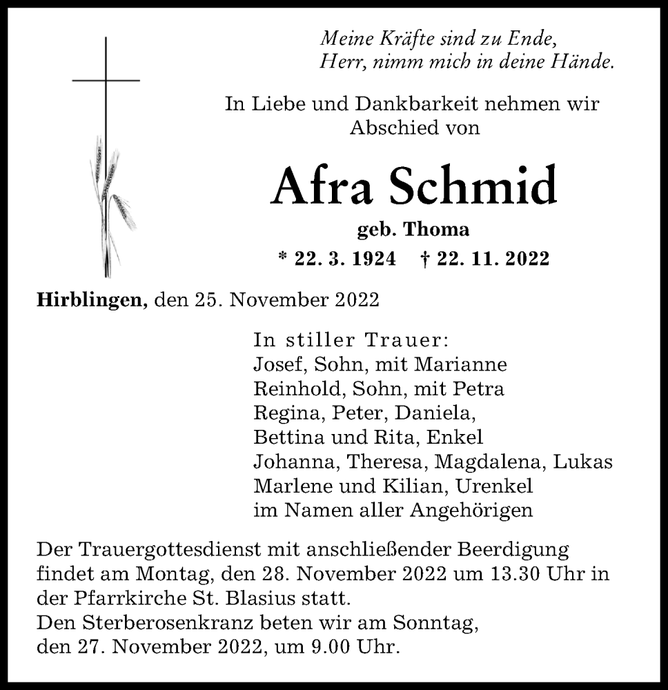 Traueranzeige von Afra Schmid von Augsburger Allgemeine