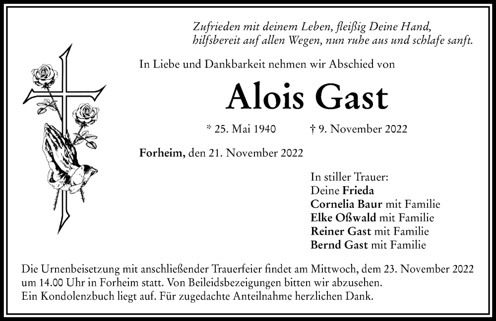  Traueranzeige für Alois Gast vom 21.11.2022 aus Rieser Nachrichten