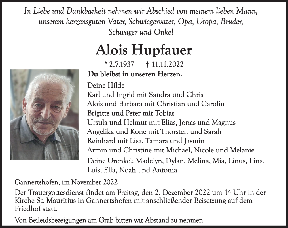  Traueranzeige für Alois Hupfauer vom 30.11.2022 aus Neu-Ulmer Zeitung