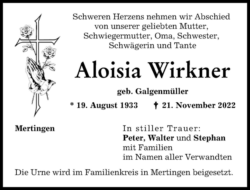  Traueranzeige für Aloisia Wirkner vom 23.11.2022 aus Donauwörther Zeitung