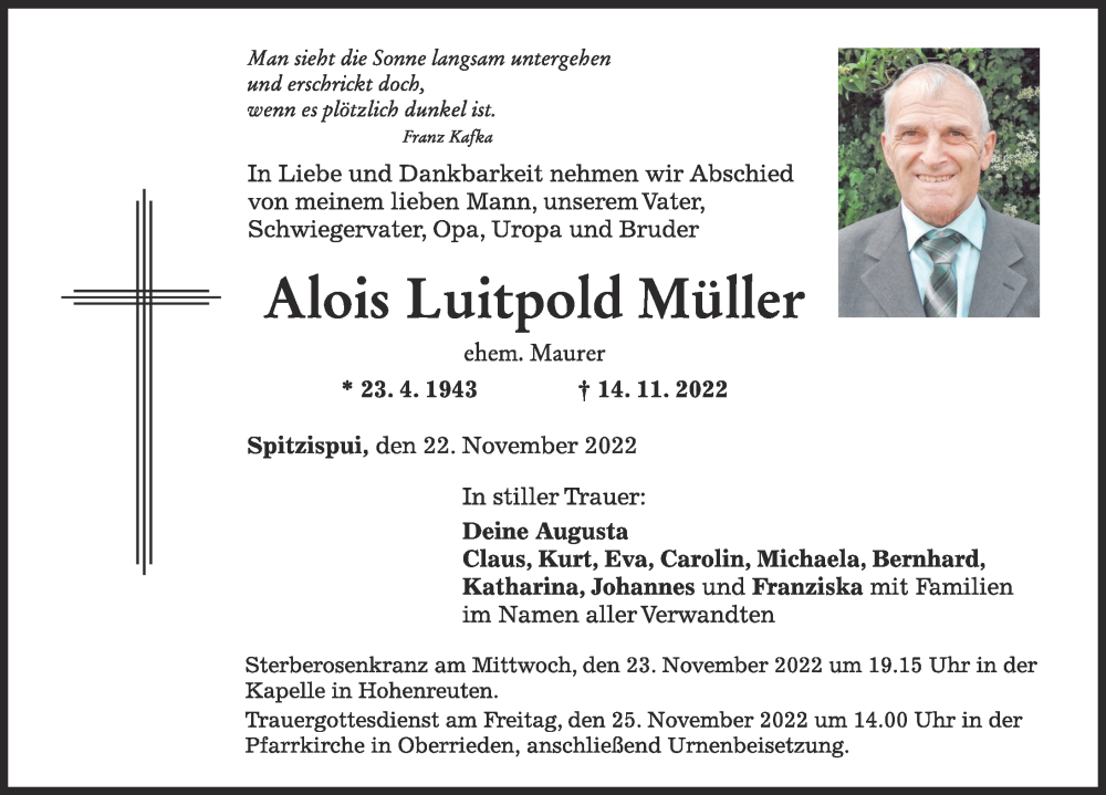  Traueranzeige für Alois Luitpold Müller vom 22.11.2022 aus Mindelheimer Zeitung
