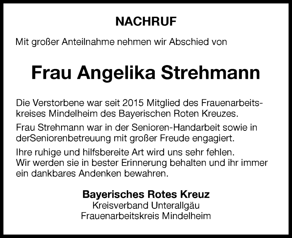  Traueranzeige für Angelika Strehmann vom 15.11.2022 aus Mindelheimer Zeitung