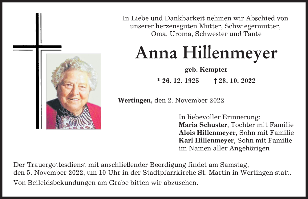 Traueranzeige von Anna Hillenmeyer von Wertinger Zeitung