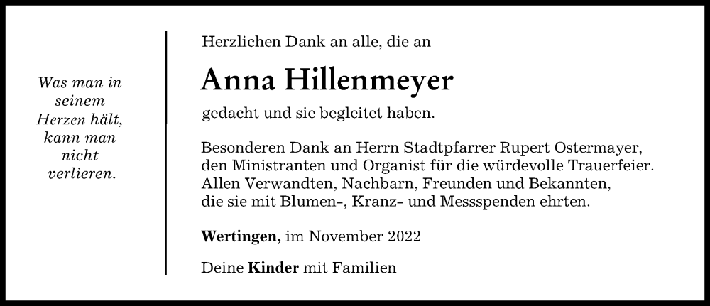 Traueranzeige von Anna Hillenmeyer von Wertinger Zeitung