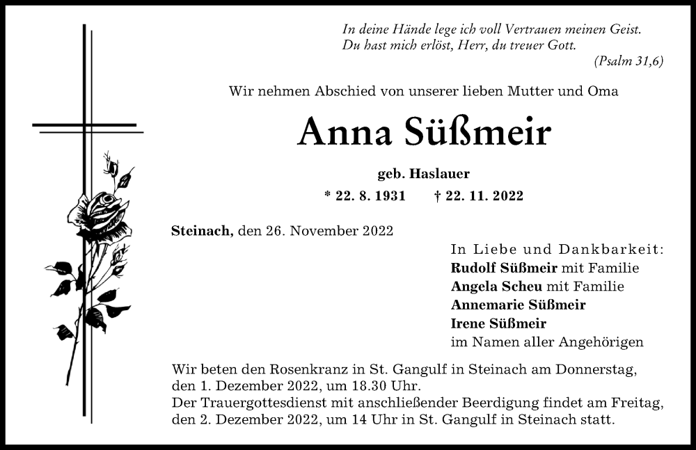 Traueranzeige von Anna Süßmeir von Augsburg-Land