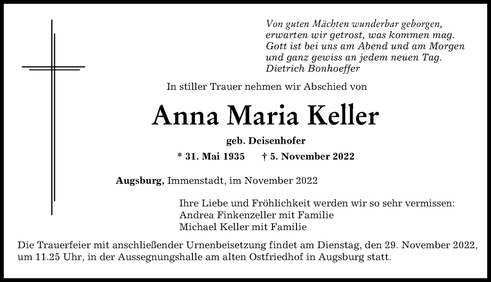  Traueranzeige für Anna Maria Keller vom 24.11.2022 aus Neuburger Rundschau