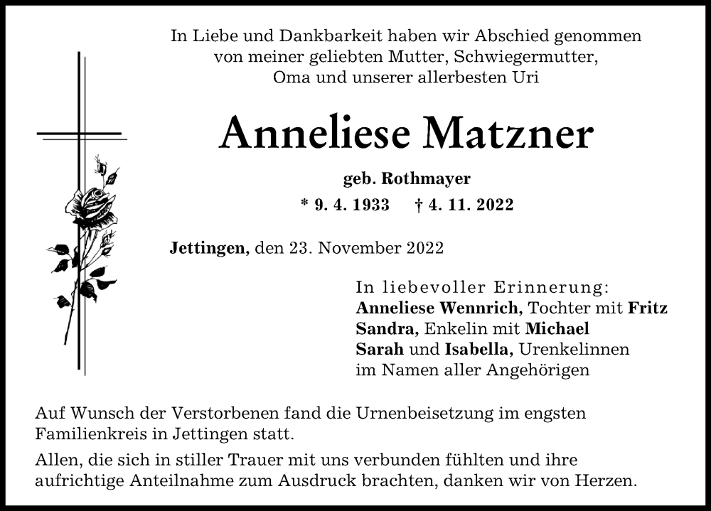  Traueranzeige für Anneliese Matzner vom 23.11.2022 aus Günzburger Zeitung