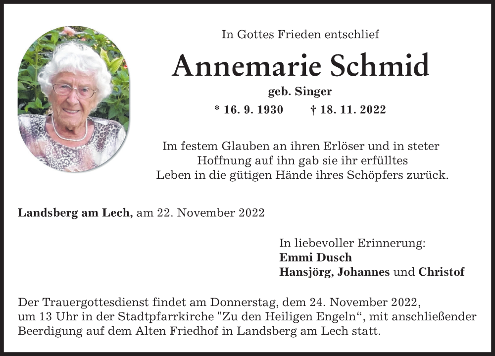  Traueranzeige für Annemarie Schmid vom 22.11.2022 aus Landsberger Tagblatt