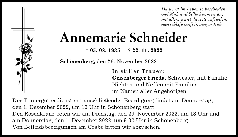 Traueranzeige von Annemarie Schneider von Günzburger Zeitung