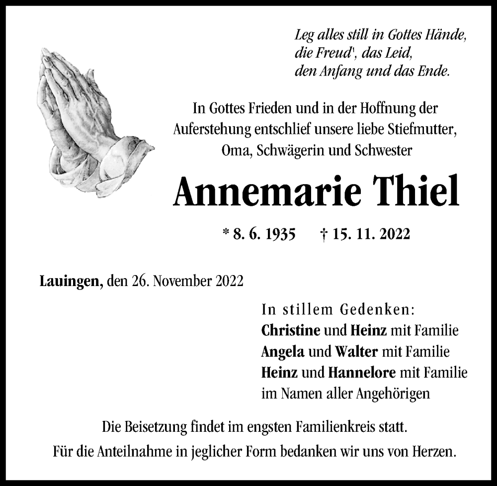  Traueranzeige für Annemarie Thiel vom 26.11.2022 aus Donau Zeitung