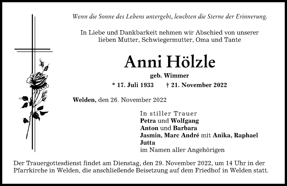  Traueranzeige für Anni Hölzle vom 26.11.2022 aus Augsburg-Land, Augsburger Allgemeine