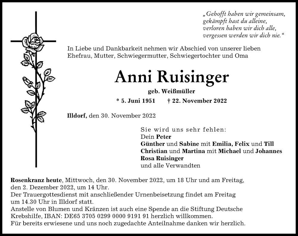  Traueranzeige für Anni Ruisinger vom 30.11.2022 aus Neuburger Rundschau