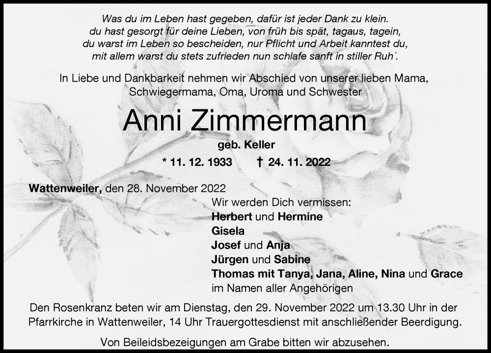  Traueranzeige für Anni Zimmermann vom 28.11.2022 aus Mittelschwäbische Nachrichten, Günzburger Zeitung