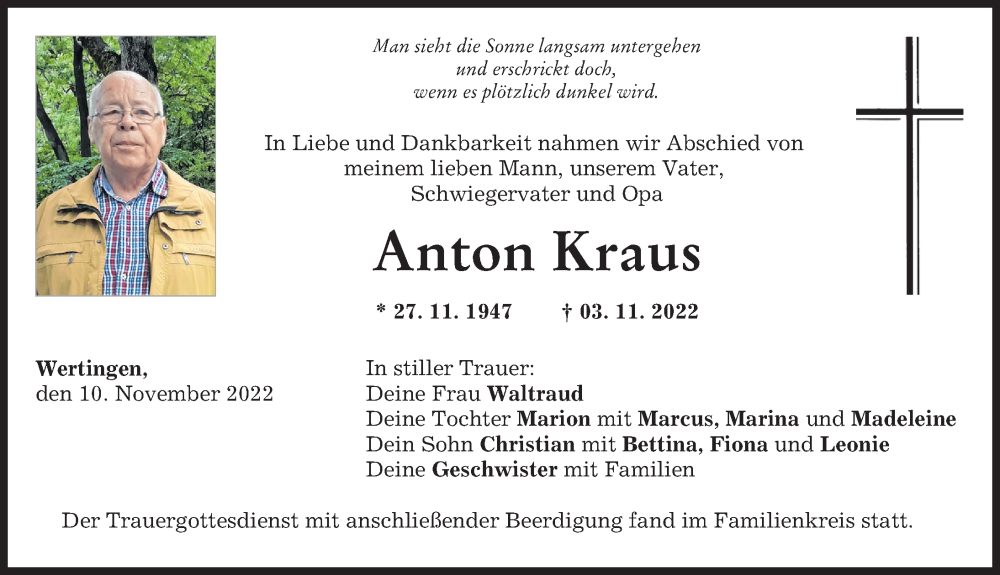 Traueranzeige von Anton Kraus von Wertinger Zeitung, Donau Zeitung