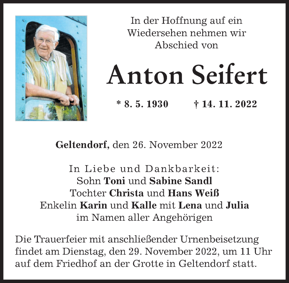  Traueranzeige für Anton Seifert vom 26.11.2022 aus Landsberger Tagblatt