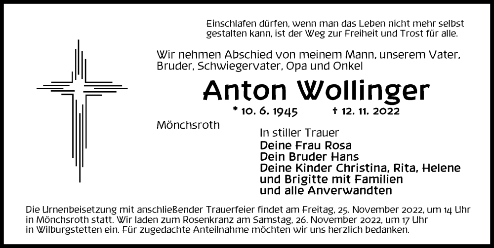  Traueranzeige für Anton Wollfinger vom 24.11.2022 aus Rieser Nachrichten
