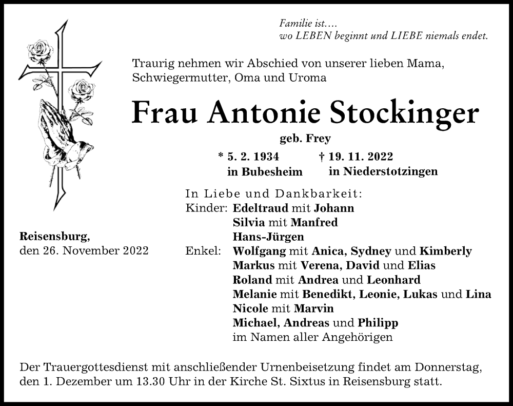  Traueranzeige für Antonie Stockinger vom 26.11.2022 aus Günzburger Zeitung