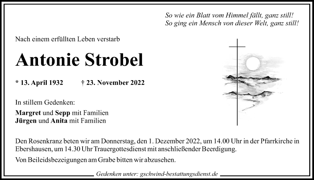  Traueranzeige für Antonie Strobel vom 28.11.2022 aus Mittelschwäbische Nachrichten