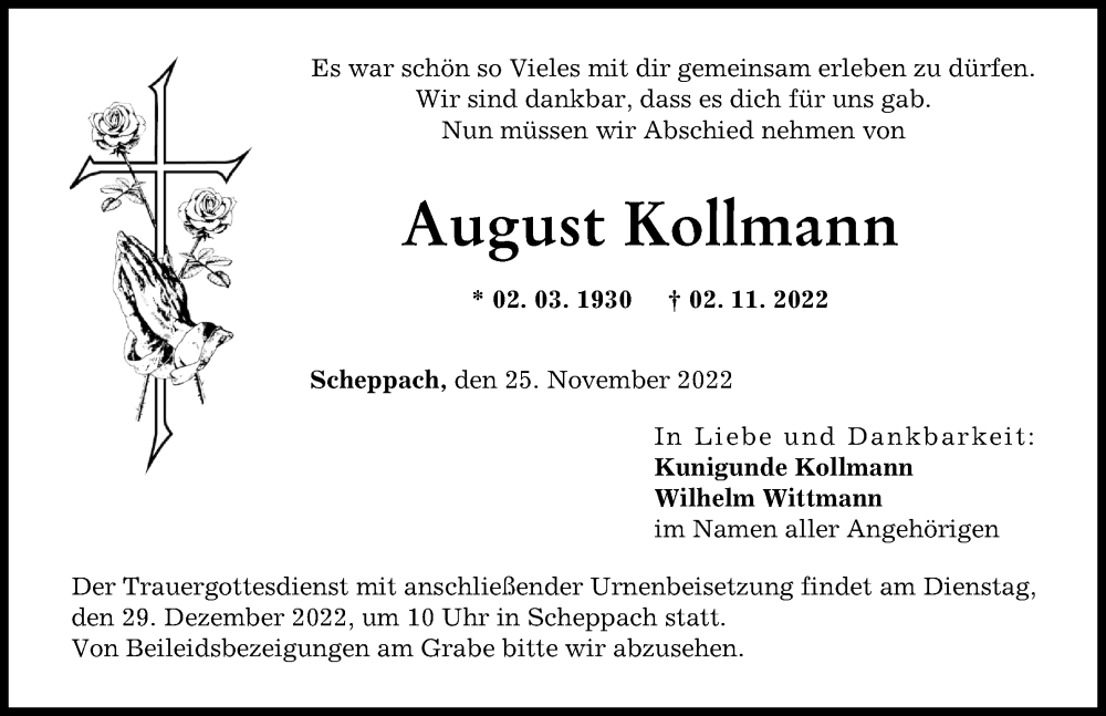  Traueranzeige für August Kollmann vom 25.11.2022 aus Günzburger Zeitung