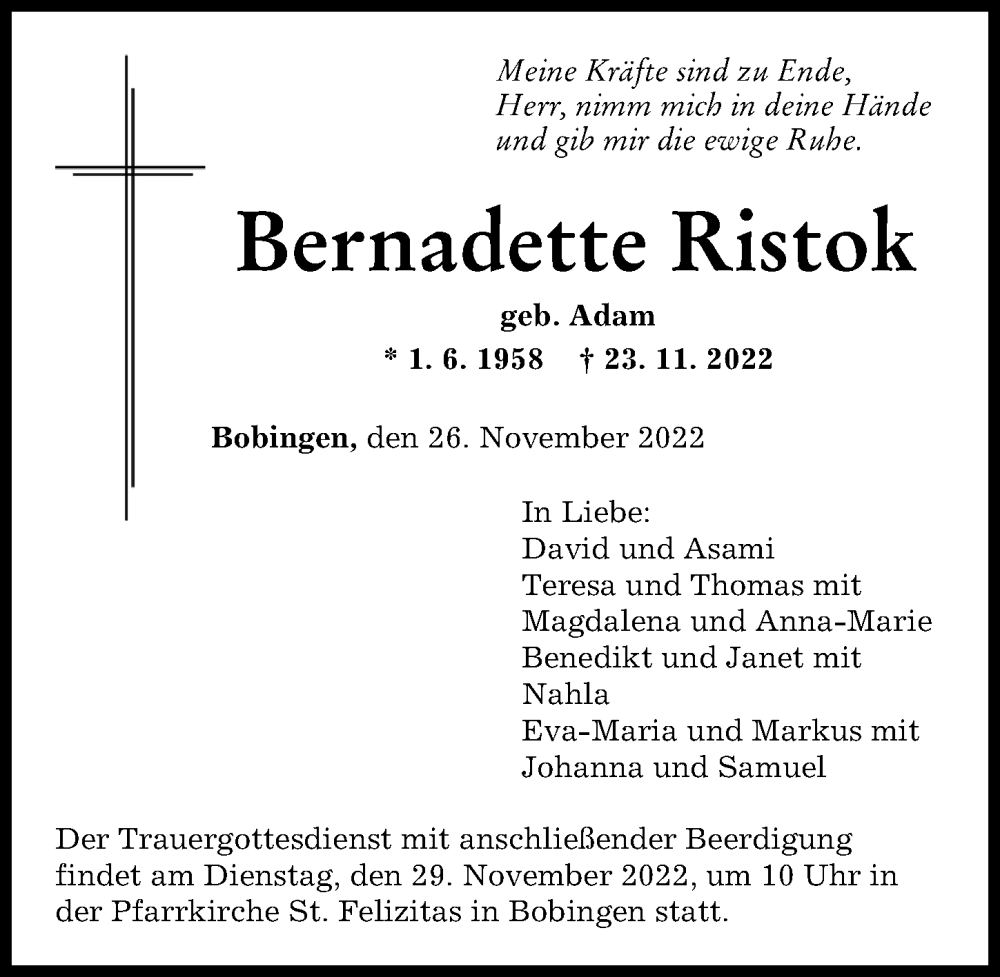 Traueranzeige von Bernadette Ristok von Augsburger Allgemeine