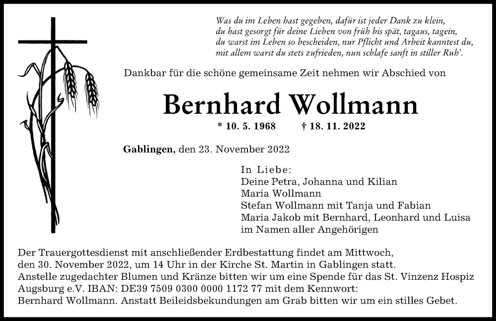 Traueranzeige für Bernhard Wollmann vom 23.11.2022 aus Augsburger Allgemeine