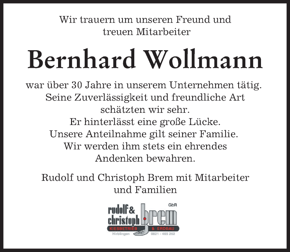  Traueranzeige für Bernhard Wollmann vom 30.11.2022 aus Augsburger Allgemeine