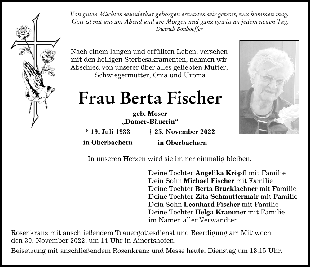  Traueranzeige für Berta Fischer vom 29.11.2022 aus Aichacher Nachrichten