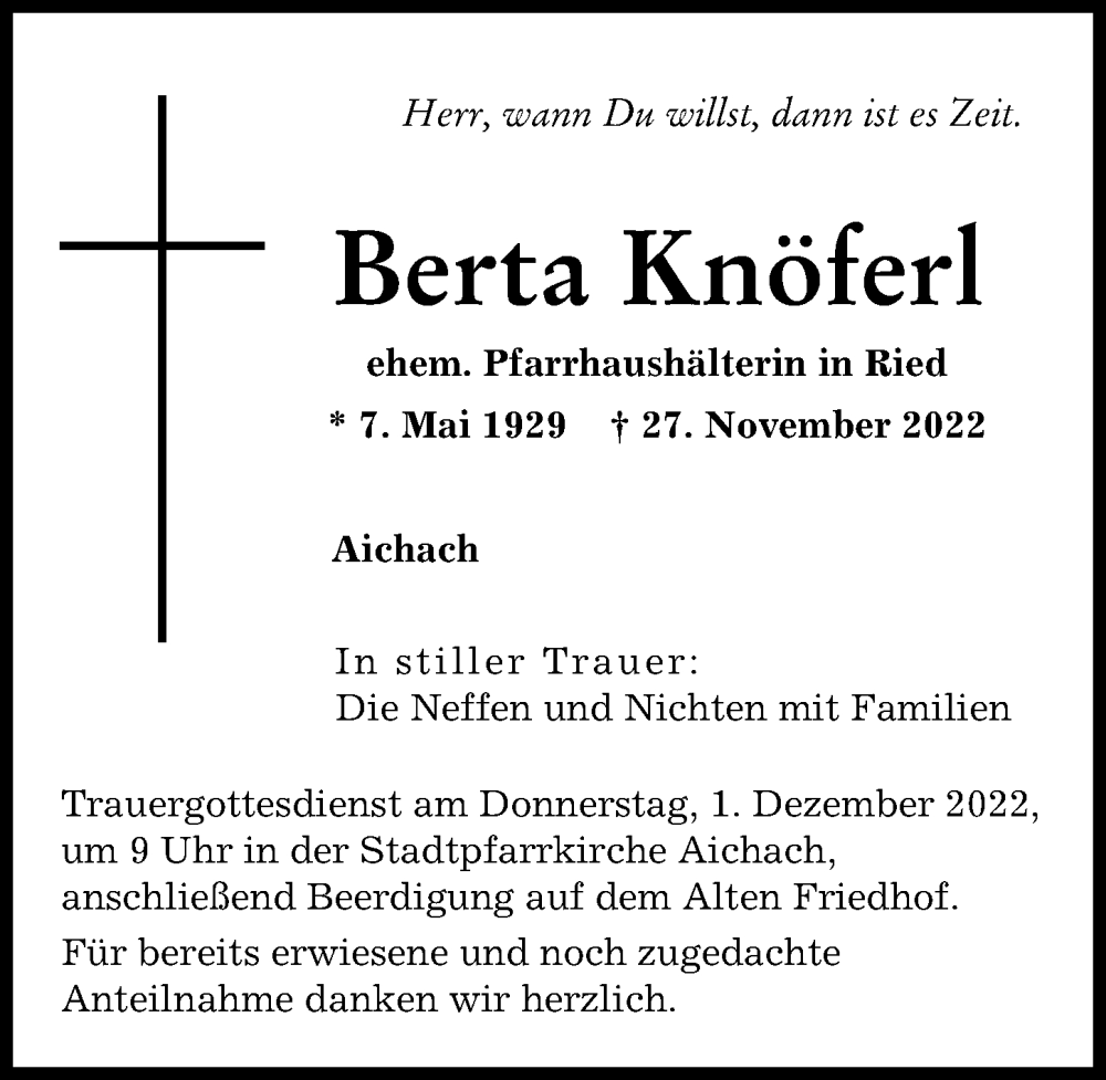 Traueranzeige von Berta Knöferl von Friedberger Allgemeine, Aichacher Nachrichten